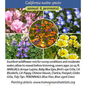 Home Ground Habitats - Clarkia: Laura Lovett; Baby Blue Eyes: Laura Lovett; Arroyo Lupine: the Marmot CC; Tidytips: James Gaither CC; Poppies: Ashok Rangi CC
